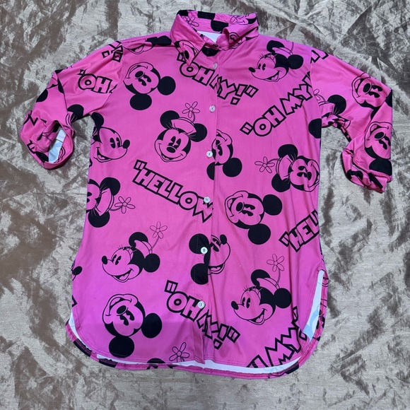 Disney Mickey Minnie Mouse Women’s shirt size Large Pink button down collard cuf - Picture 1 of 4